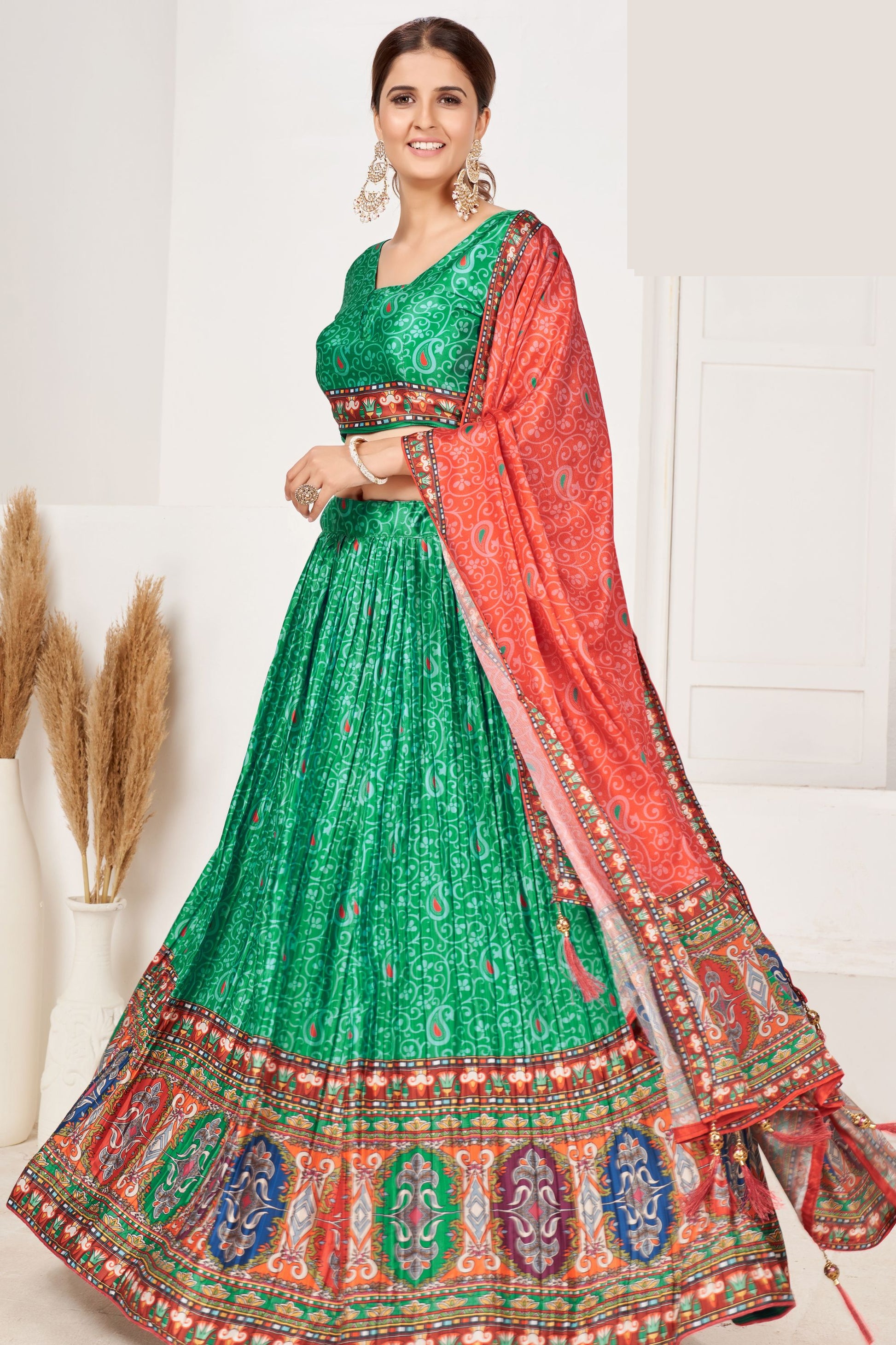 Green Pakistani Crepe Printed Lehenga Choli For Indian Festivals & Weddings - Print Work,