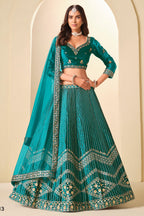 Teal Velvet Marriage Lehenga Choli with Sequins & Thread