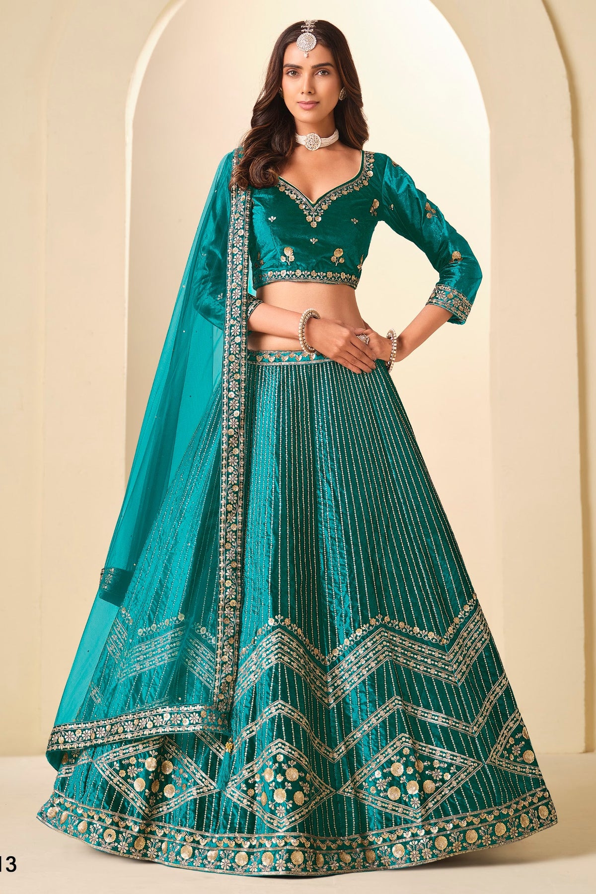 Teal Velvet Marriage Lehenga Choli with Sequins & Thread