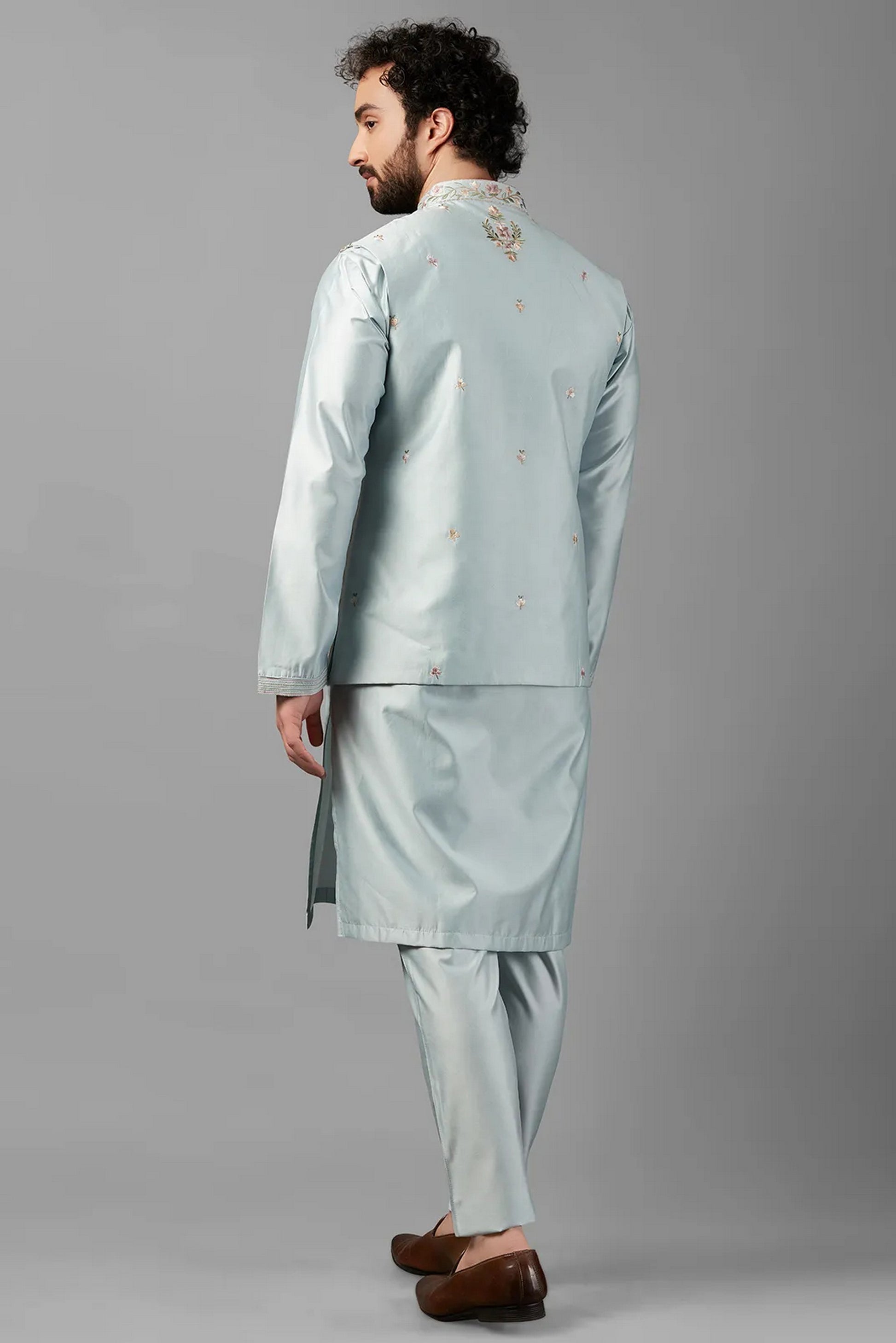 Sky Blue Silk Men's Wedding Suit Waistcoat with Kurta & Pant - Embroidery Work