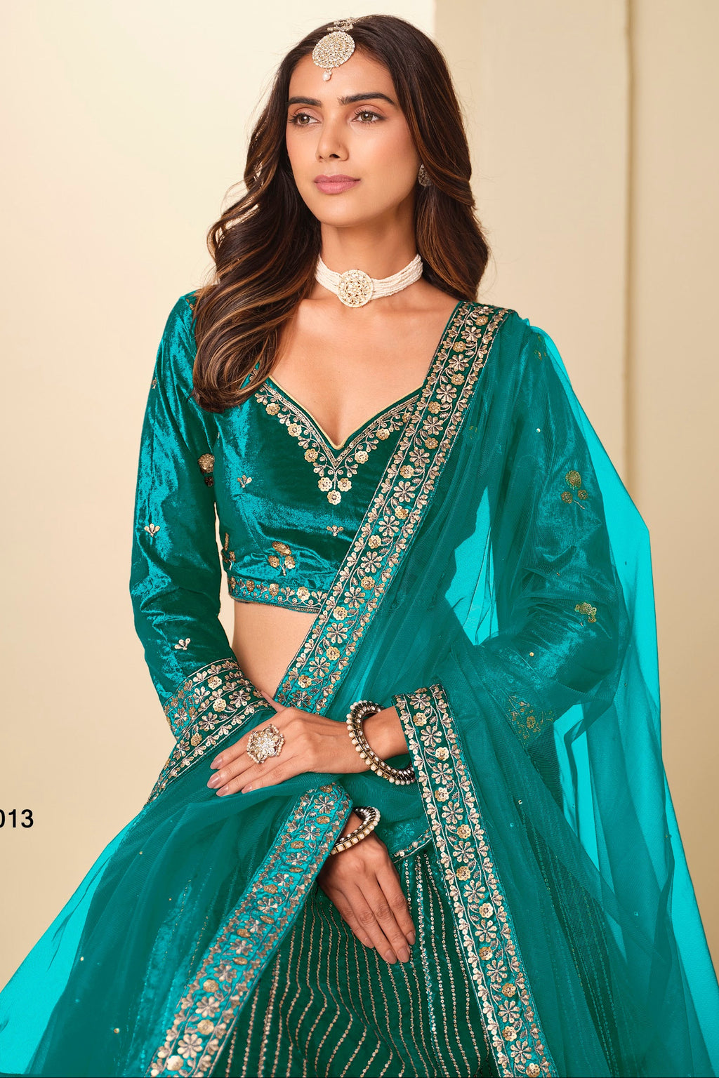 Teal Velvet Marriage Lehenga Choli with Sequins & Thread