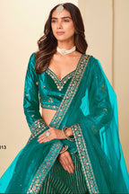 Teal Velvet Marriage Lehenga Choli with Sequins & Thread