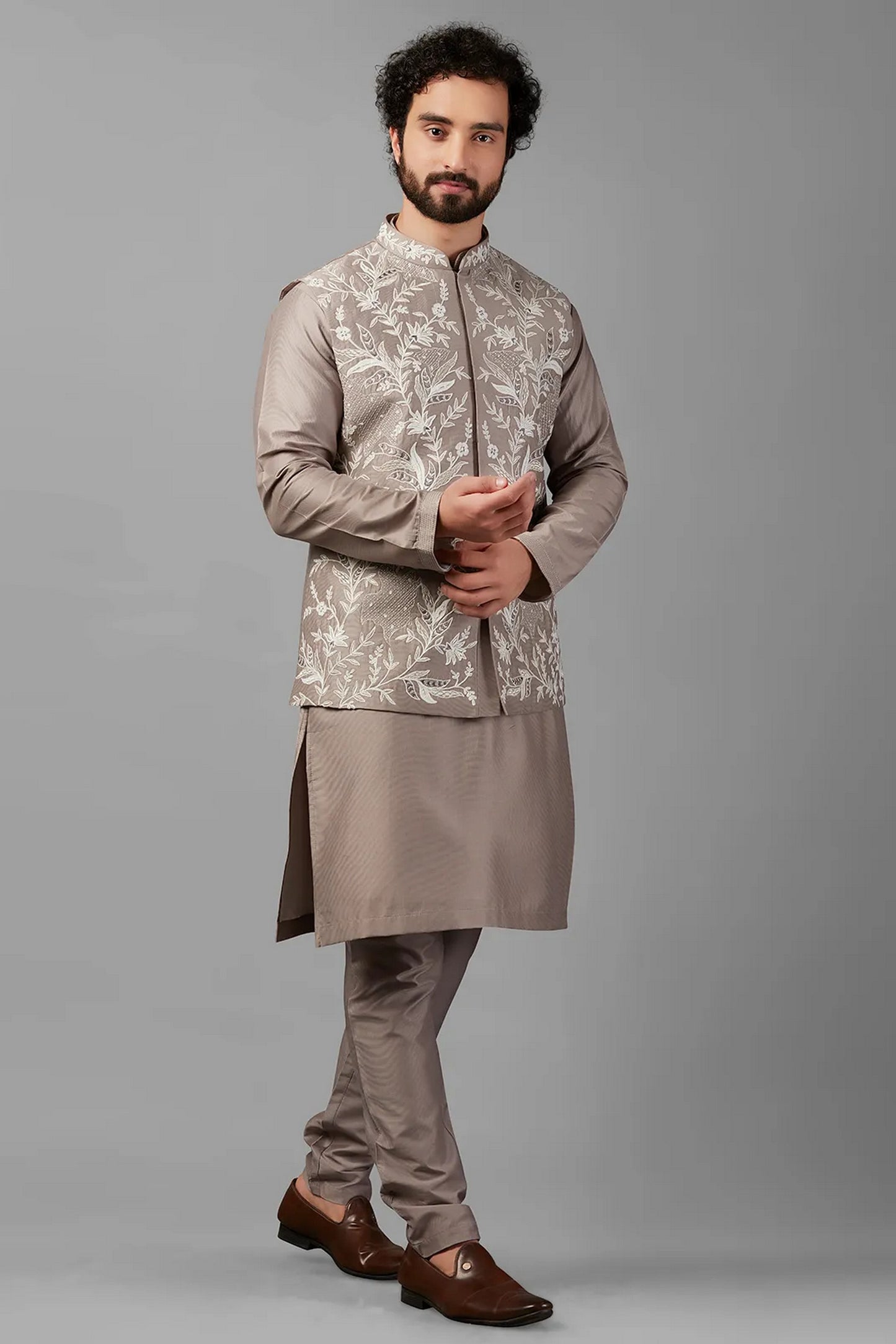 Light Brown Silk Men's Wedding Suit Waistcoat, Kurta with Pant - Embroidery Work