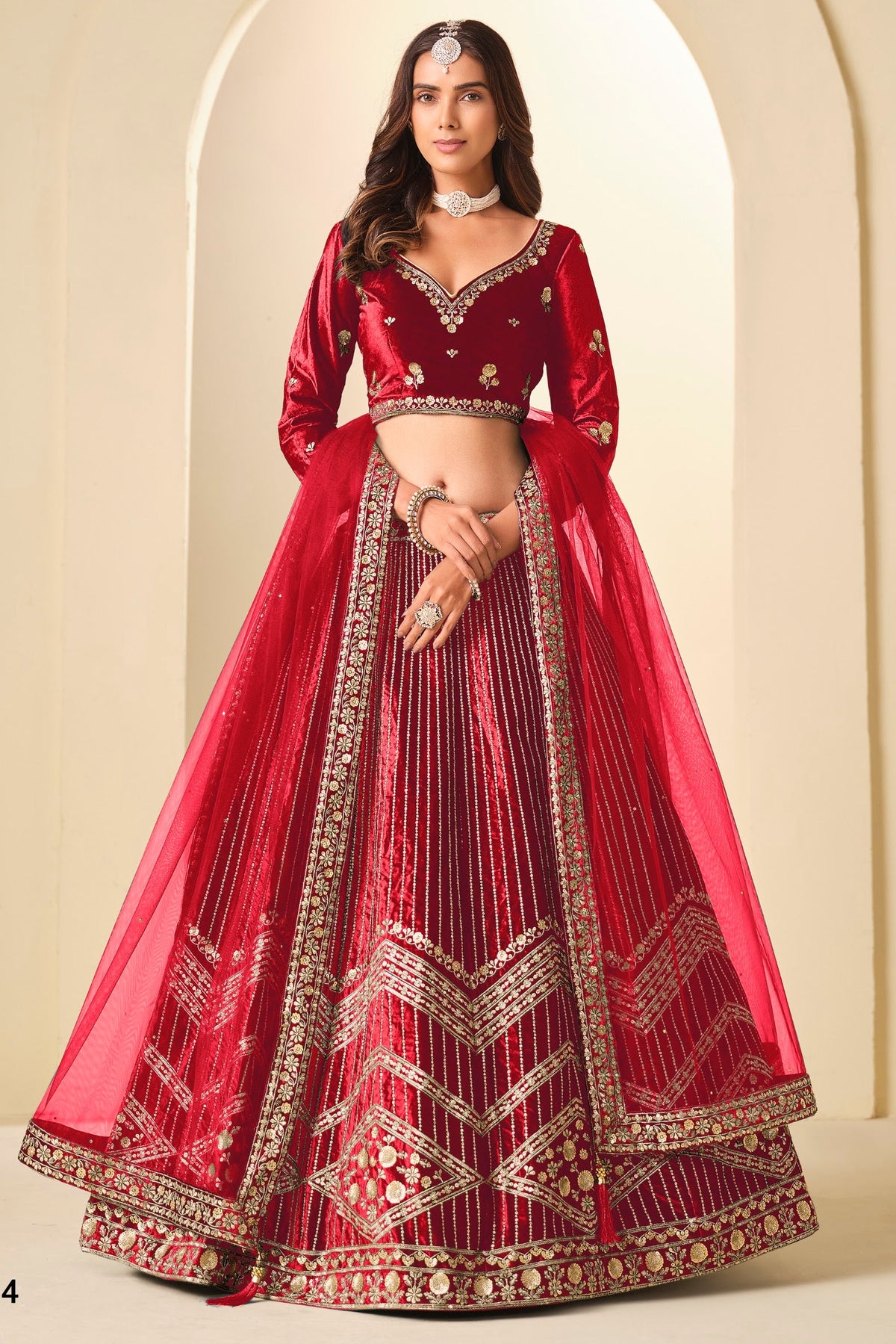 Red Velvet Marriage Lehenga Choli with Sequins