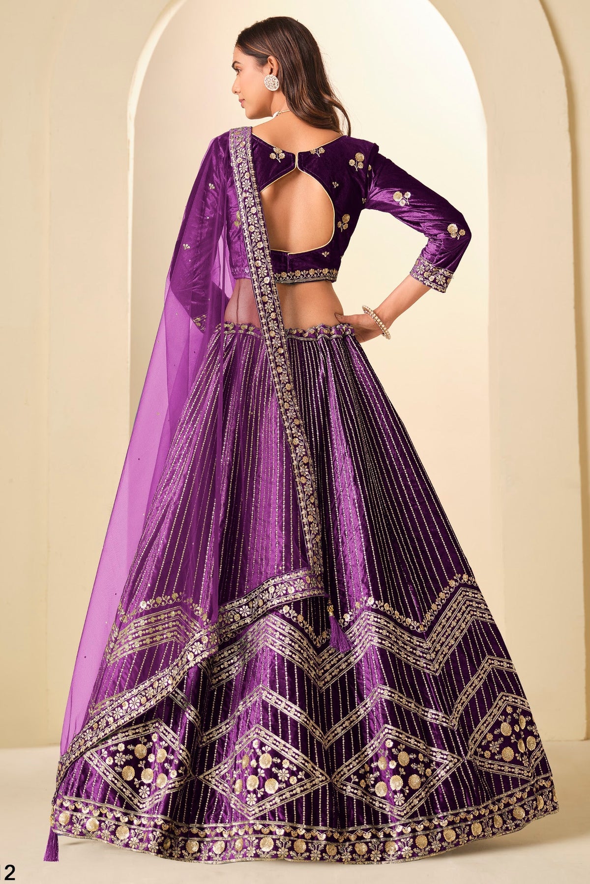 Purple Velvet Marriage Lehenga Choli with Sequins