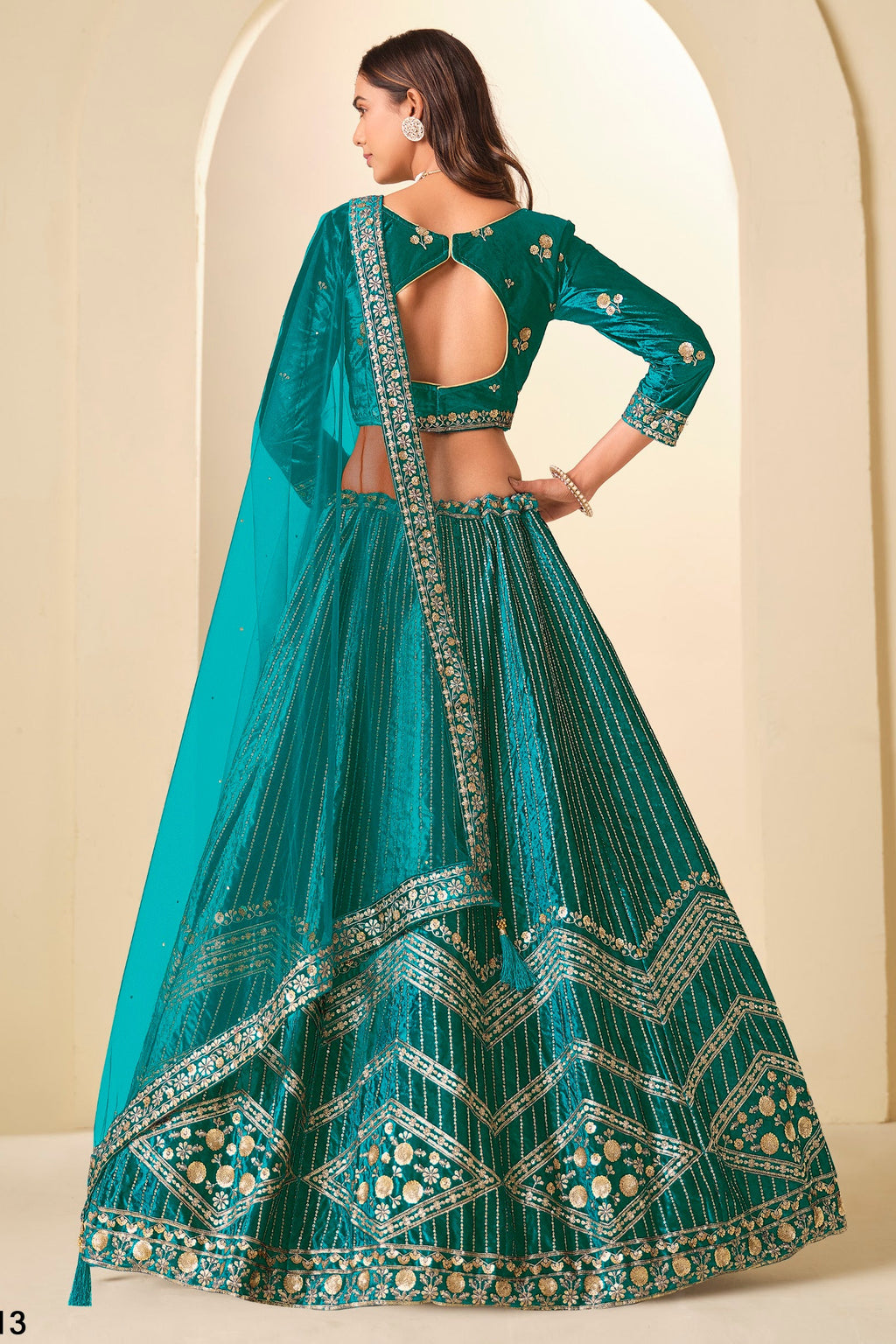 Teal Velvet Marriage Lehenga Choli with Sequins & Thread