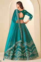 Teal Velvet Marriage Lehenga Choli with Sequins & Thread
