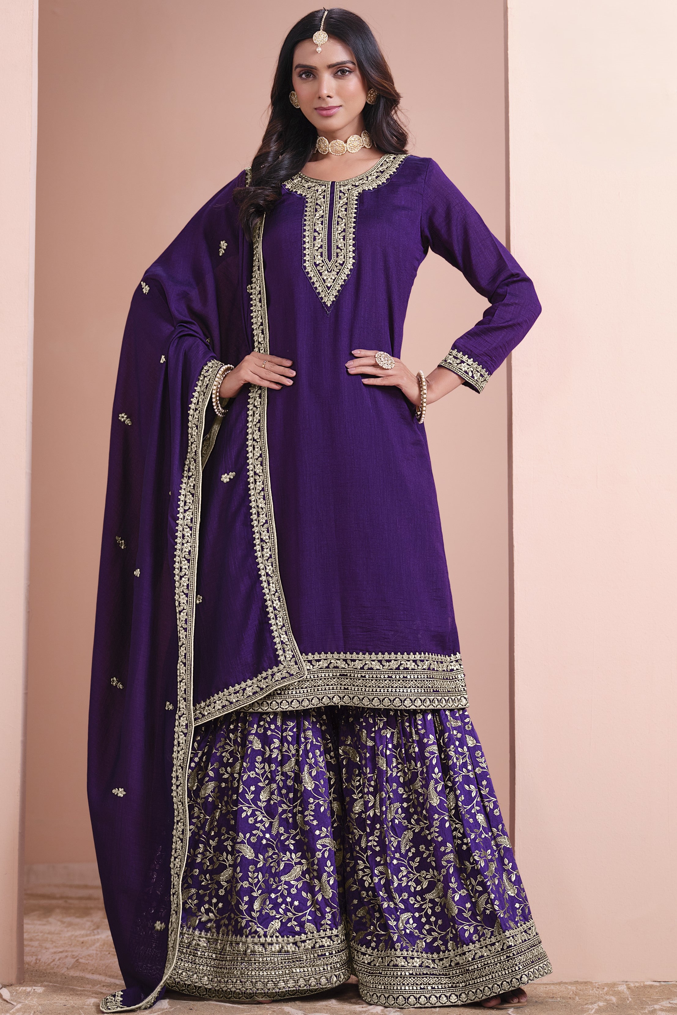 Dark Purple Art Silk Palazzo Suit For Indian Wedding & Pakistani Festival - Embroidery Work