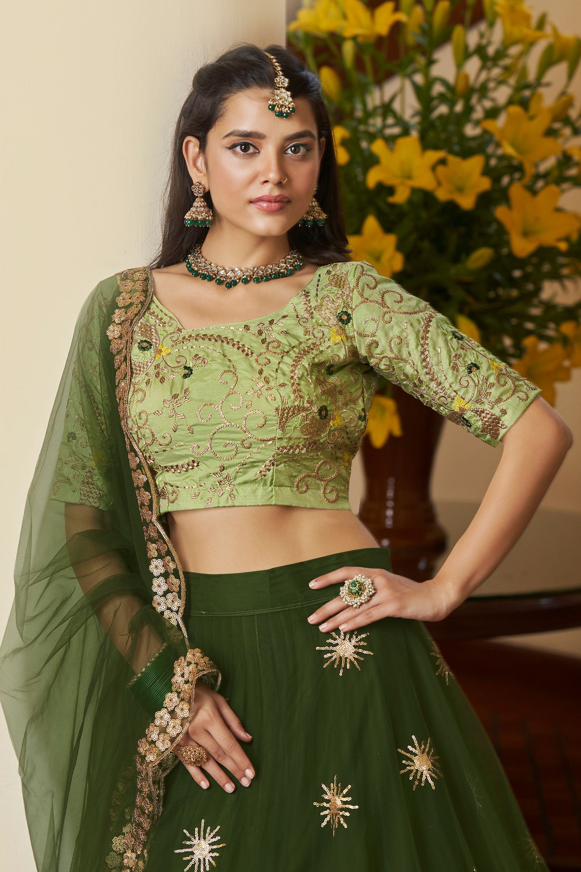 Green Pakistani Silk Ruffle Lehenga Choli For Indian Festivals & Weddings - Sequence Embroidery Work, Thread Embroidery Work,