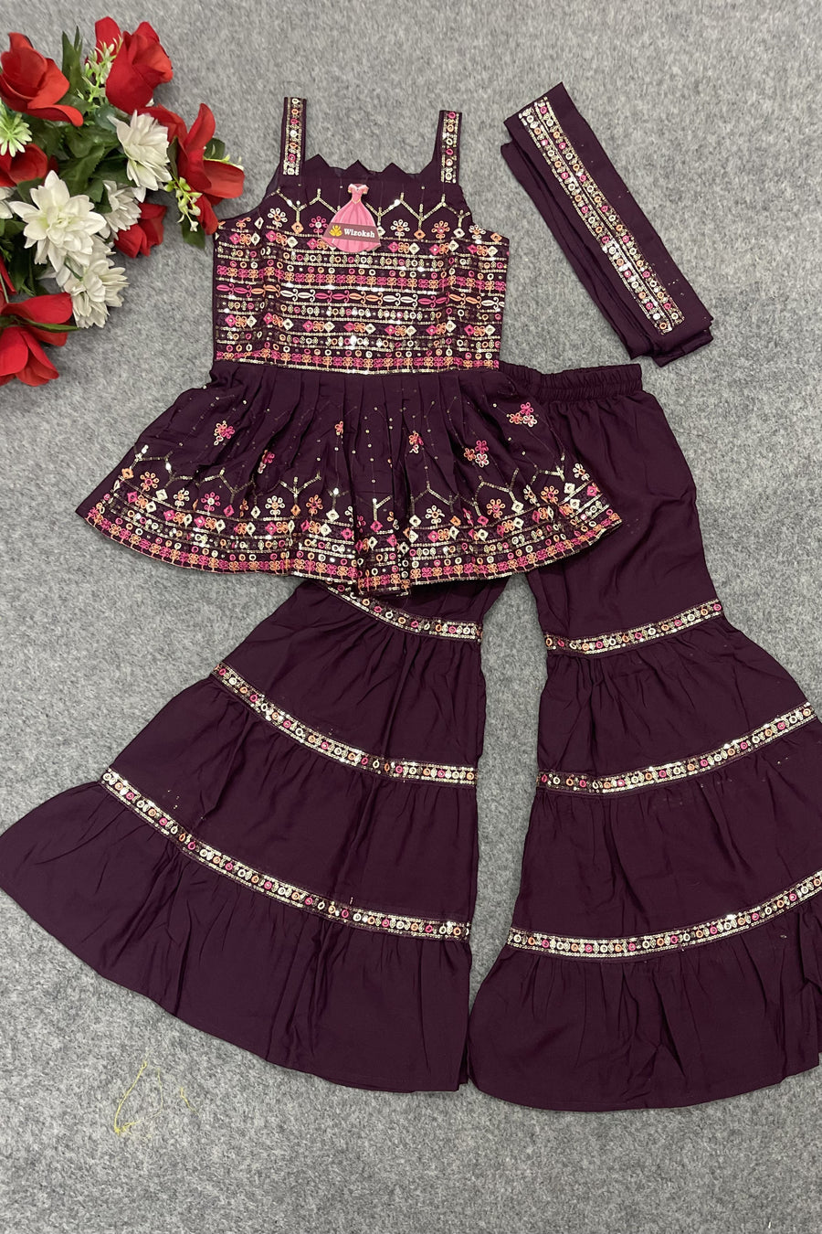 Purple Crepe Kidswear Girl Kameez with Sharara Suit & Dupatta Dress for Kids for Wedding - Thread & Sequins Embroidery Work