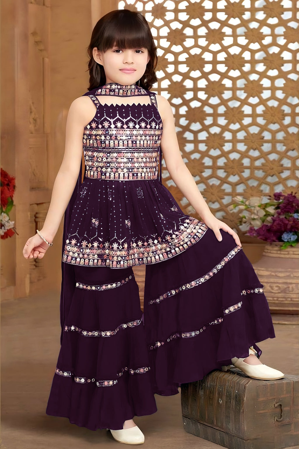 Purple Crepe Kidswear Girl Kameez with Sharara Suit & Dupatta Dress for Kids for Wedding - Thread & Sequins Embroidery Work