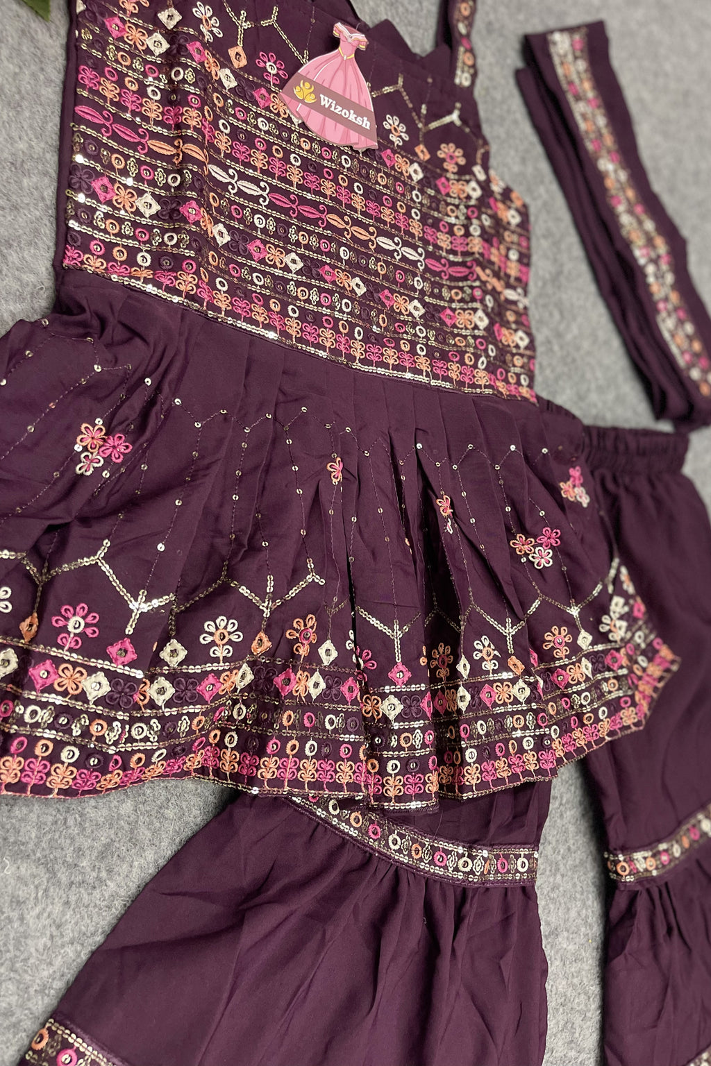Purple Crepe Kidswear Girl Kameez with Sharara Suit & Dupatta Dress for Kids for Wedding - Thread & Sequins Embroidery Work