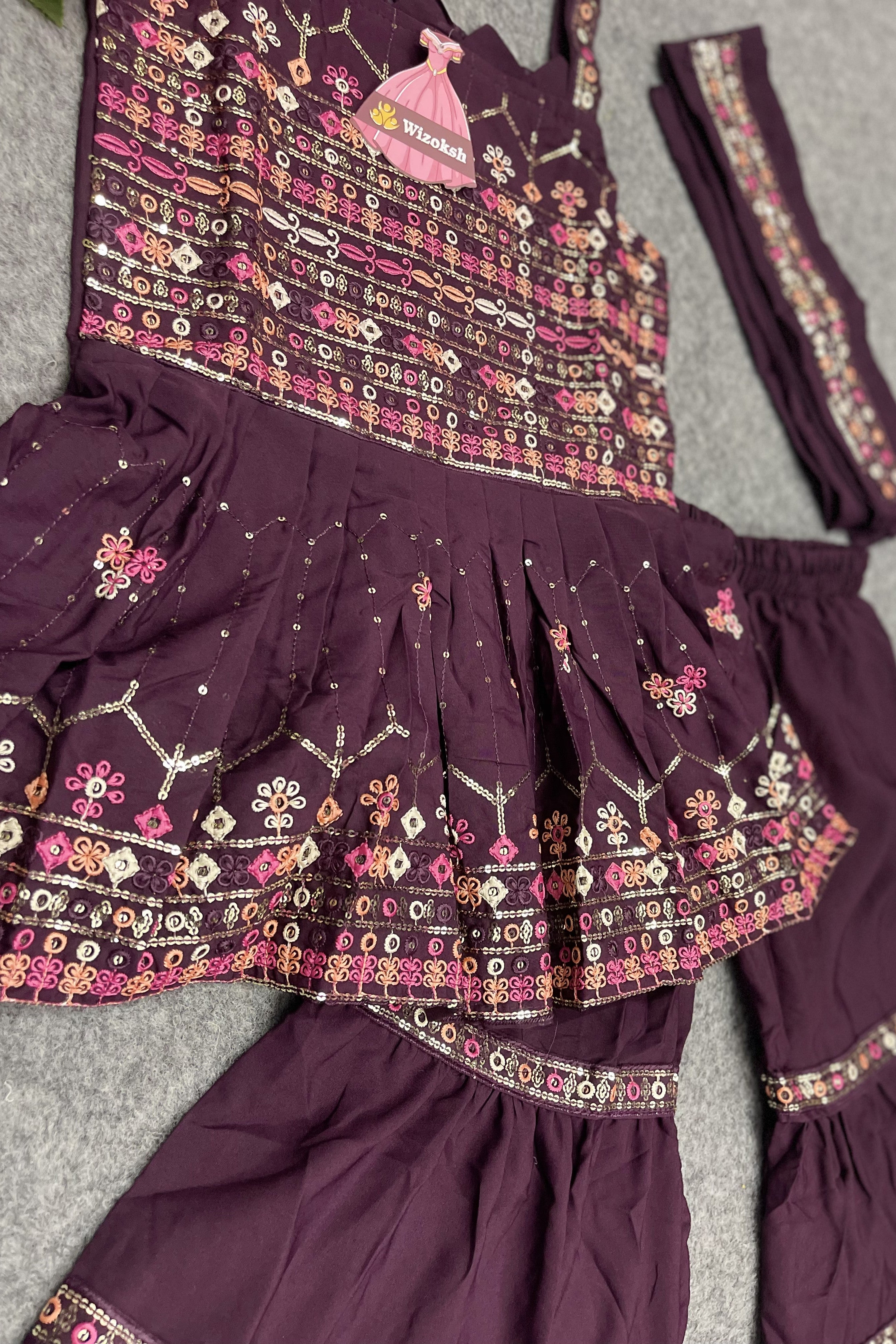 Purple Crepe Kidswear Girl Kameez with Sharara Suit & Dupatta Dress for Kids for Wedding - Thread & Sequins Embroidery Work