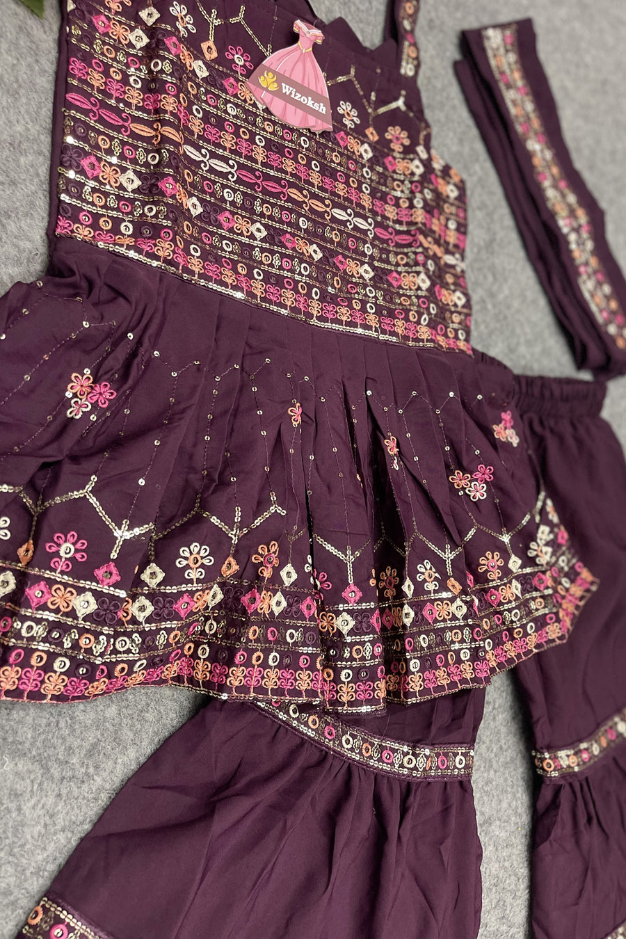 Purple Crepe Kidswear Girl Kameez with Sharara Suit & Dupatta Dress for Kids for Wedding - Thread & Sequins Embroidery Work