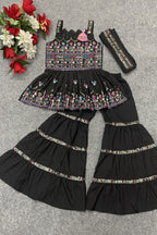 Black Crepe Kidswear Girl Kameez with Sharara Suit & Dupatta Dress for Kids for Wedding - Thread & Sequins Embroidery Work