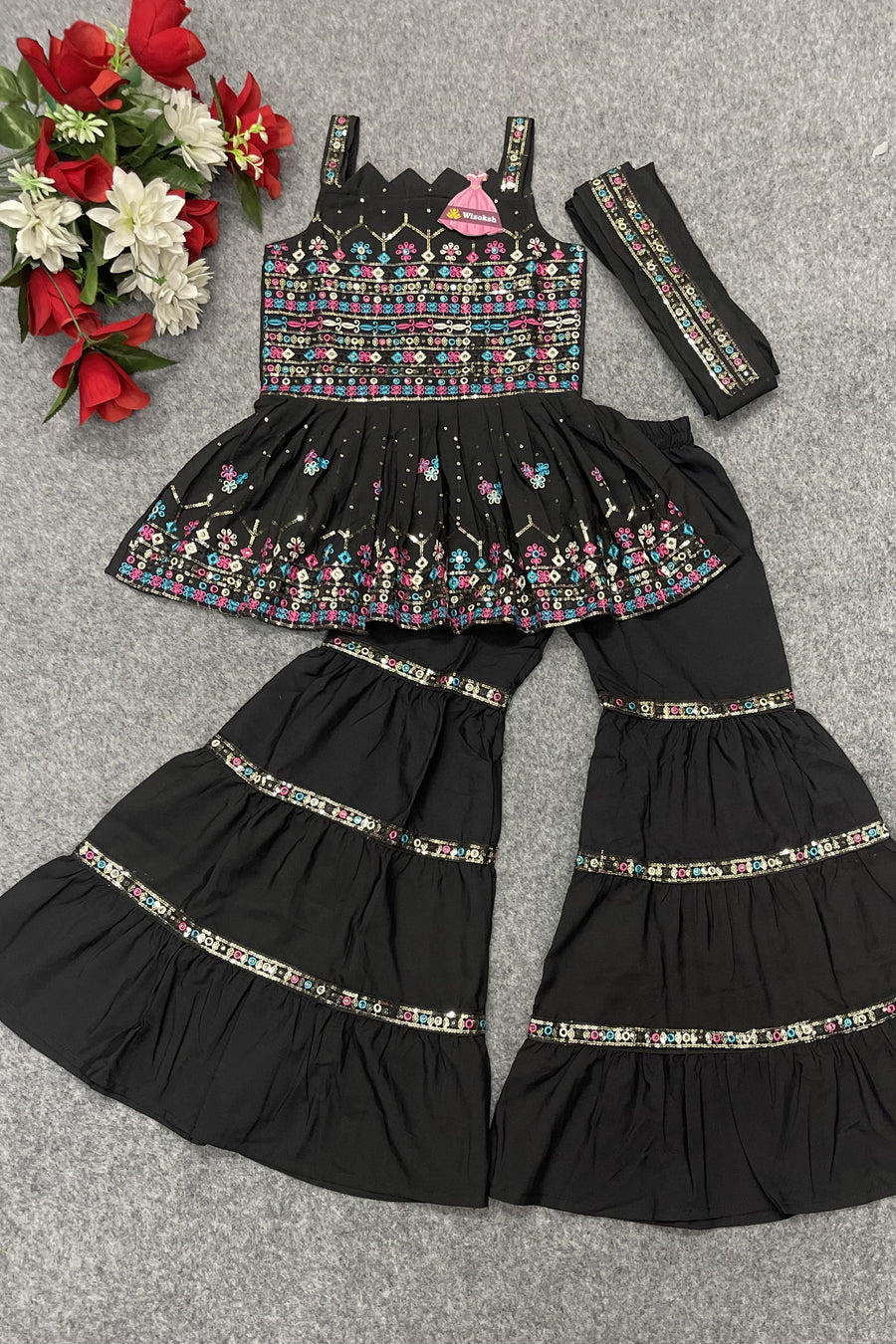 Black Crepe Kidswear Girl Kameez with Sharara Suit & Dupatta Dress for Kids for Wedding - Thread & Sequins Embroidery Work