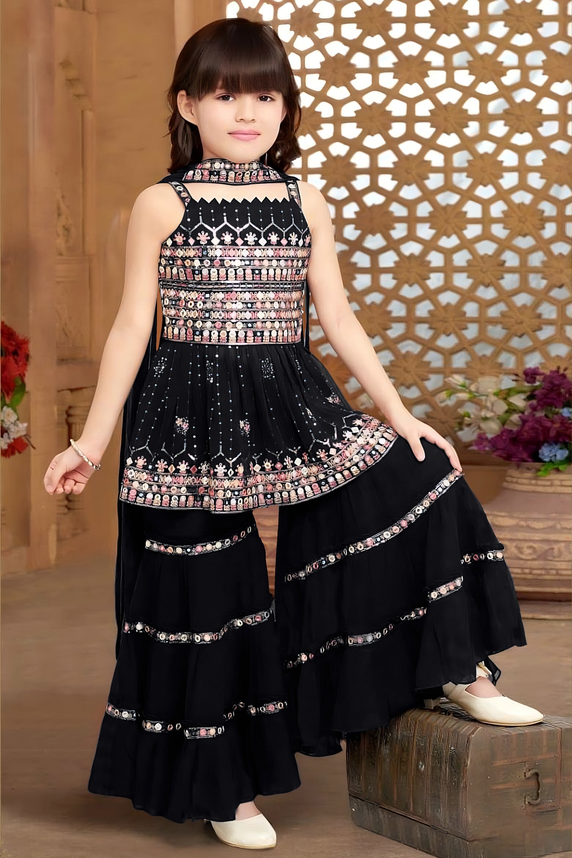 Black Crepe Kidswear Girl Kameez with Sharara Suit & Dupatta Dress for Kids for Wedding - Thread & Sequins Embroidery Work