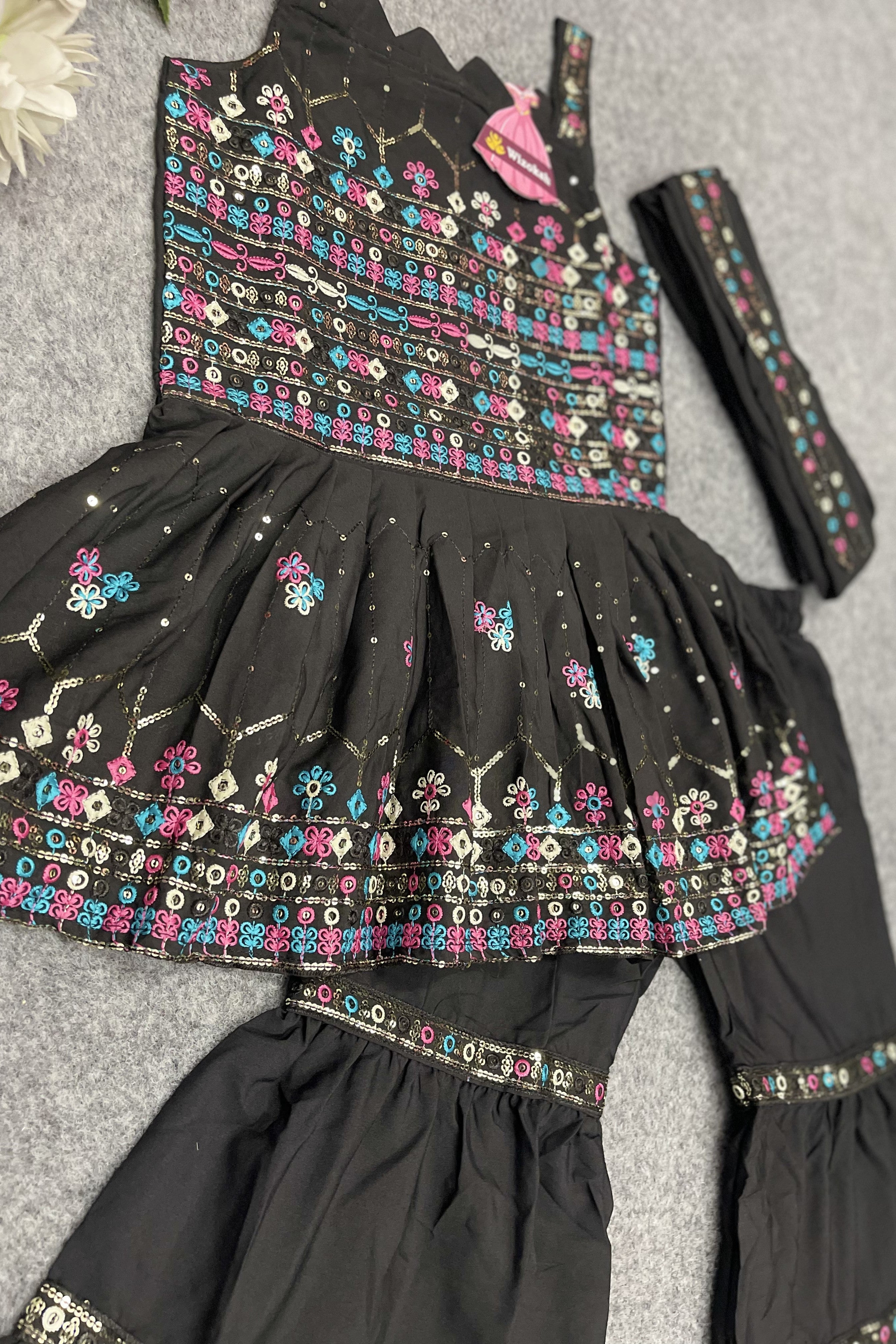 Black Crepe Kidswear Girl Kameez with Sharara Suit & Dupatta Dress for Kids for Wedding - Thread & Sequins Embroidery Work