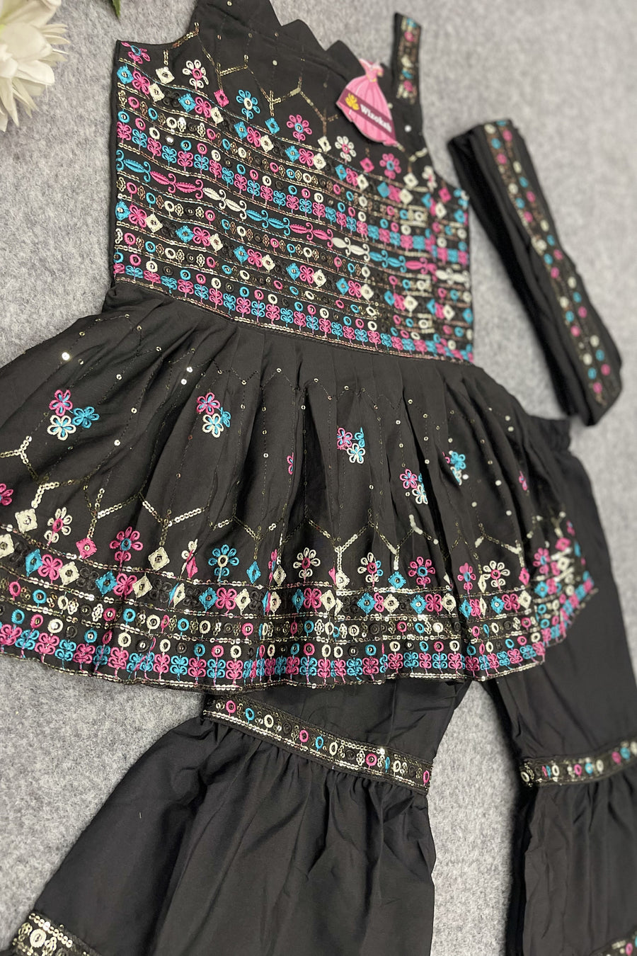 Black Crepe Kidswear Girl Kameez with Sharara Suit & Dupatta Dress for Kids for Wedding - Thread & Sequins Embroidery Work