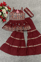 Maroon Crepe Kidswear Girl Kameez with Sharara Suit & Dupatta Dress for Kids for Wedding - Thread & Sequins Embroidery Work
