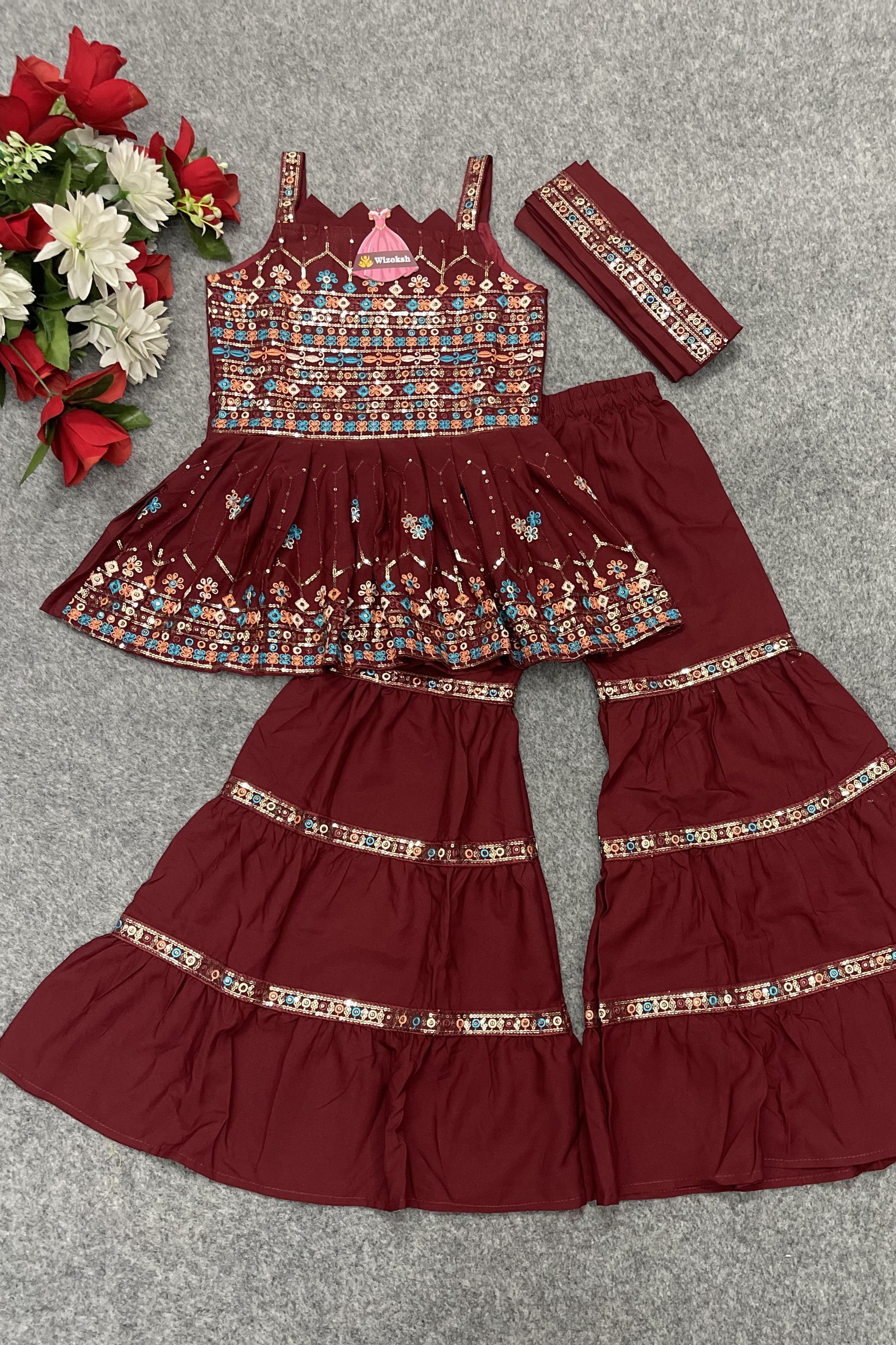Maroon Crepe Kidswear Girl Kameez with Sharara Suit & Dupatta Dress for Kids for Wedding - Thread & Sequins Embroidery Work