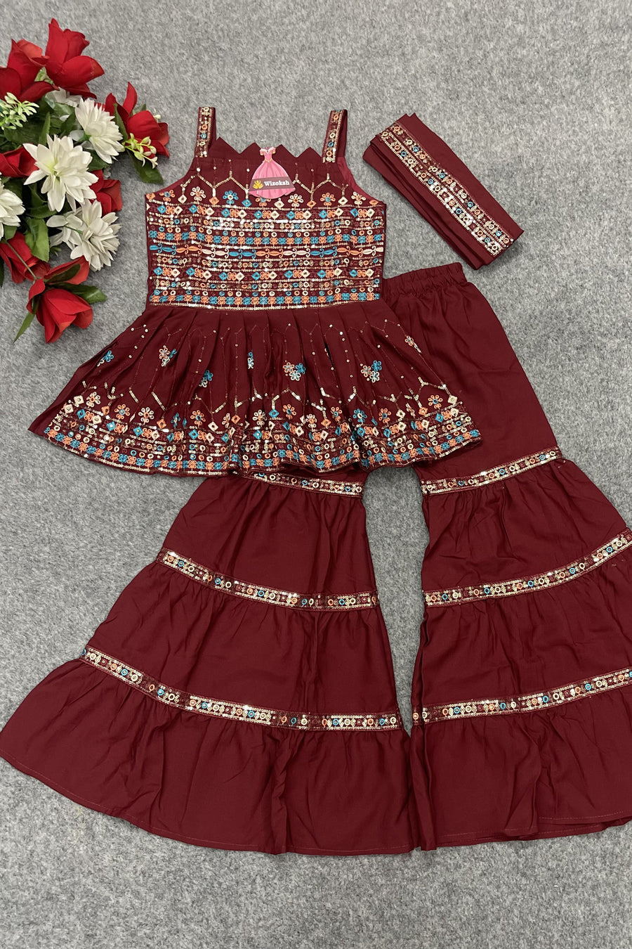 Maroon Crepe Kidswear Girl Kameez with Sharara Suit & Dupatta Dress for Kids for Wedding - Thread & Sequins Embroidery Work