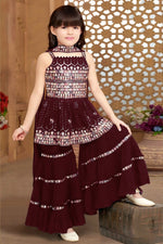 Maroon Crepe Kidswear Girl Kameez with Sharara Suit & Dupatta Dress for Kids for Wedding - Thread & Sequins Embroidery Work