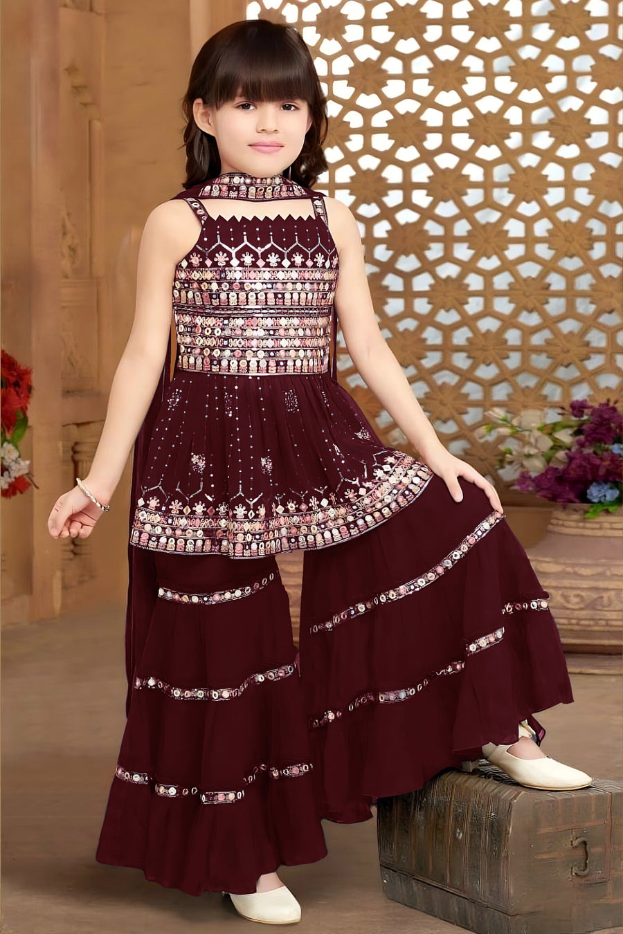 Maroon Crepe Kidswear Girl Kameez with Sharara Suit & Dupatta Dress for Kids for Wedding - Thread & Sequins Embroidery Work
