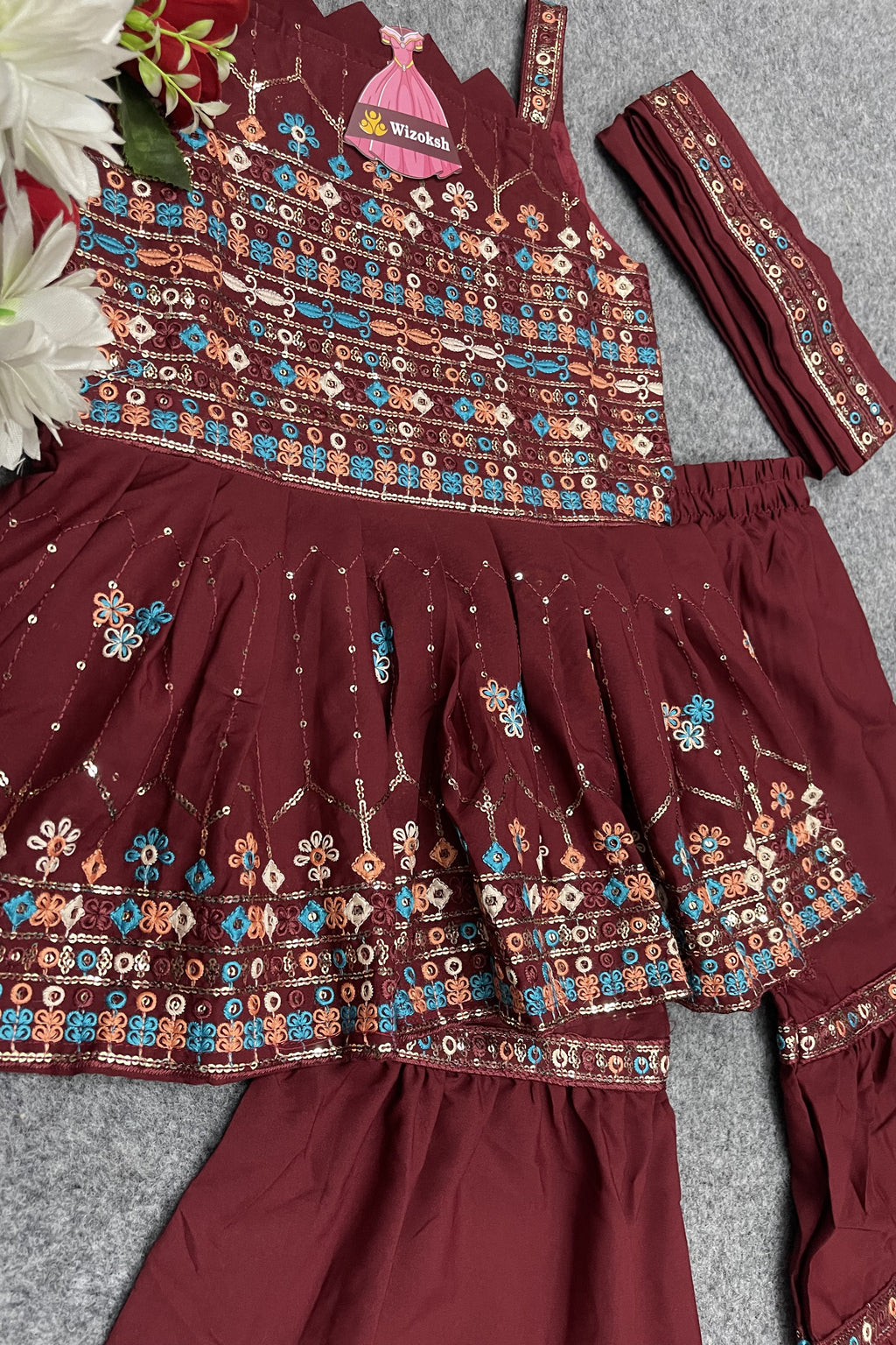 Maroon Crepe Kidswear Girl Kameez with Sharara Suit & Dupatta Dress for Kids for Wedding - Thread & Sequins Embroidery Work