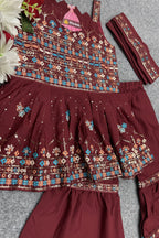 Maroon Crepe Kidswear Girl Kameez with Sharara Suit & Dupatta Dress for Kids for Wedding - Thread & Sequins Embroidery Work