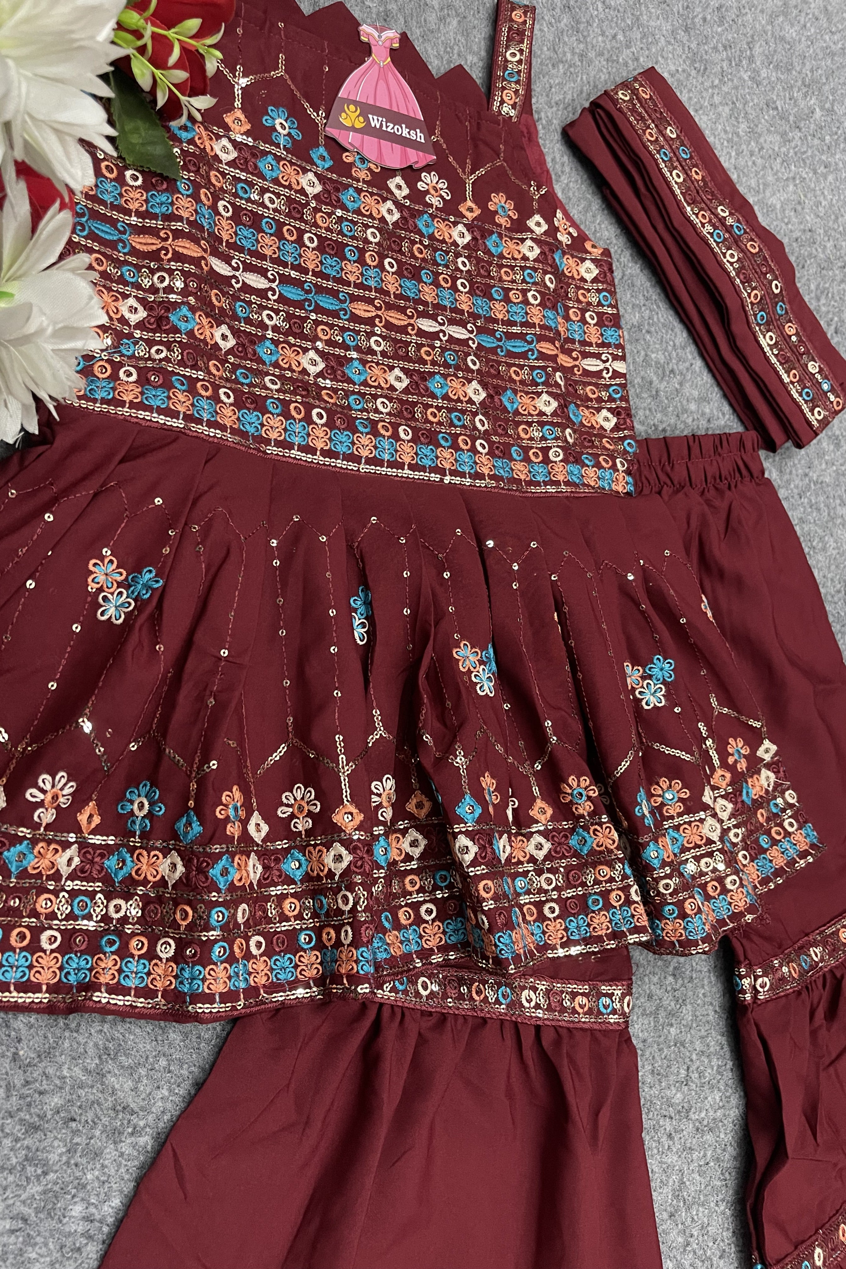 Maroon Crepe Kidswear Girl Kameez with Sharara Suit & Dupatta Dress for Kids for Wedding - Thread & Sequins Embroidery Work