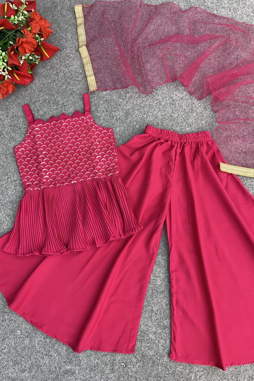 Red Crepe Kidswear Girl Kameez with Plazo Suit & Dupatta Dress for Kids for Wedding - Embroidery Work