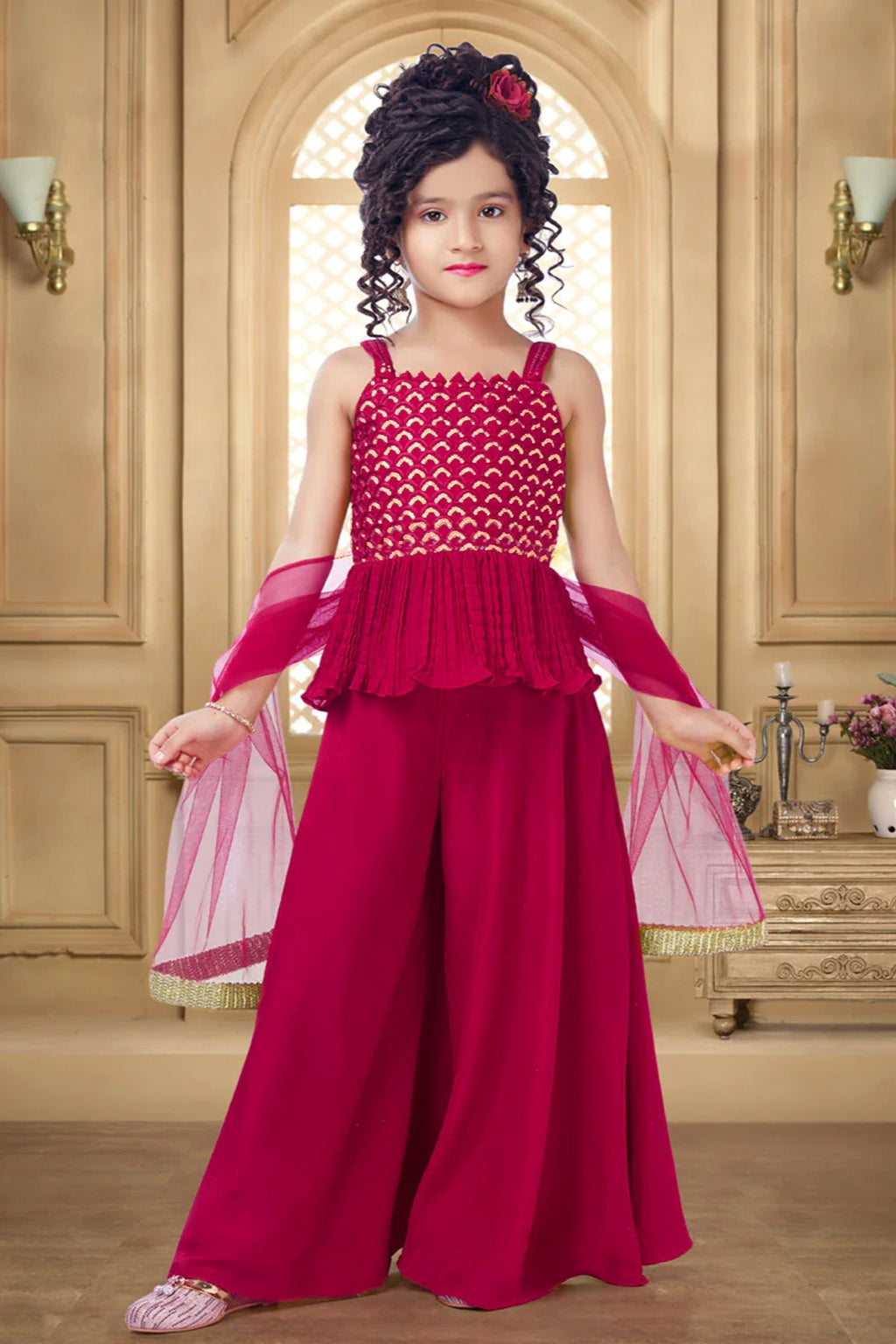 Red Crepe Kidswear Girl Kameez with Plazo Suit & Dupatta Dress for Kids for Wedding - Embroidery Work
