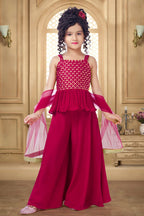 Red Crepe Kidswear Girl Kameez with Plazo Suit & Dupatta Dress for Kids for Wedding - Embroidery Work