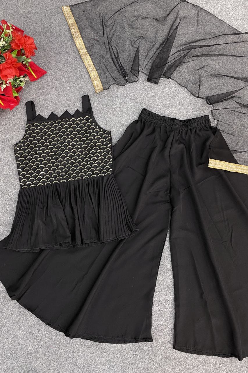 Black Crepe Kidswear Girl Kameez with Plazo Suit & Dupatta Dress for Kids for Wedding - Embroidery Work