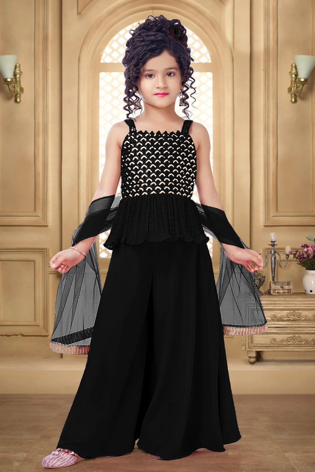 Black Crepe Kidswear Girl Kameez with Plazo Suit & Dupatta Dress for Kids for Wedding - Embroidery Work