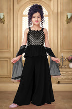 Black Crepe Kidswear Girl Kameez with Plazo Suit & Dupatta Dress for Kids for Wedding - Embroidery Work