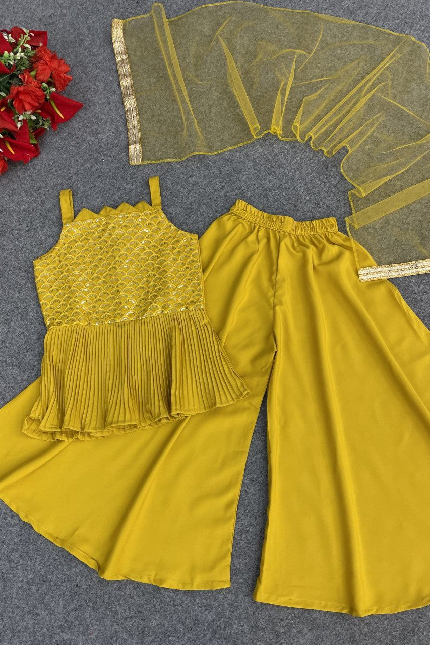 Yellow Crepe Kidswear Girl Kameez with Plazo Suit & Dupatta Dress for Kids for Wedding - Embroidery Work