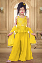 Yellow Crepe Kidswear Girl Kameez with Plazo Suit & Dupatta Dress for Kids for Wedding - Embroidery Work