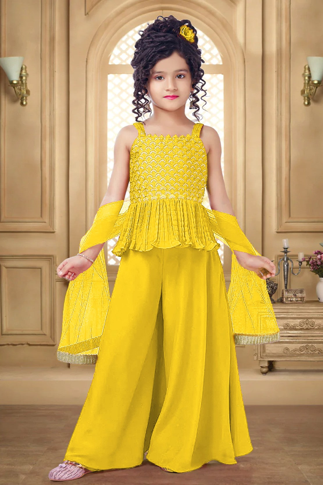 Yellow Crepe Kidswear Girl Kameez with Plazo Suit & Dupatta Dress for Kids for Wedding - Embroidery Work