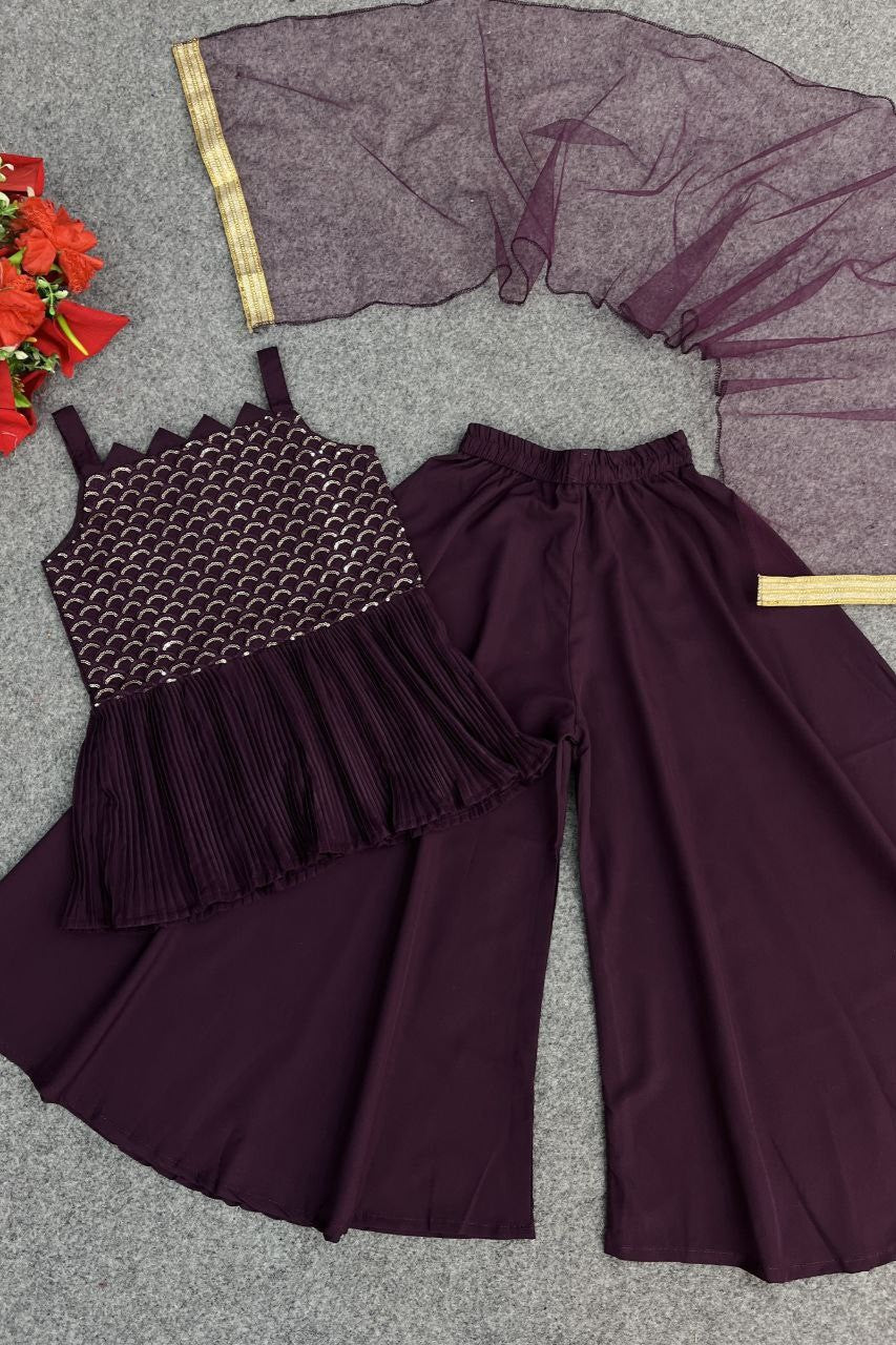 Purple Crepe Kidswear Girl Kameez with Plazo Suit & Dupatta Dress for Kids for Wedding - Embroidery Work