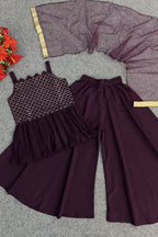 Purple Crepe Kidswear Girl Kameez with Plazo Suit & Dupatta Dress for Kids for Wedding - Embroidery Work