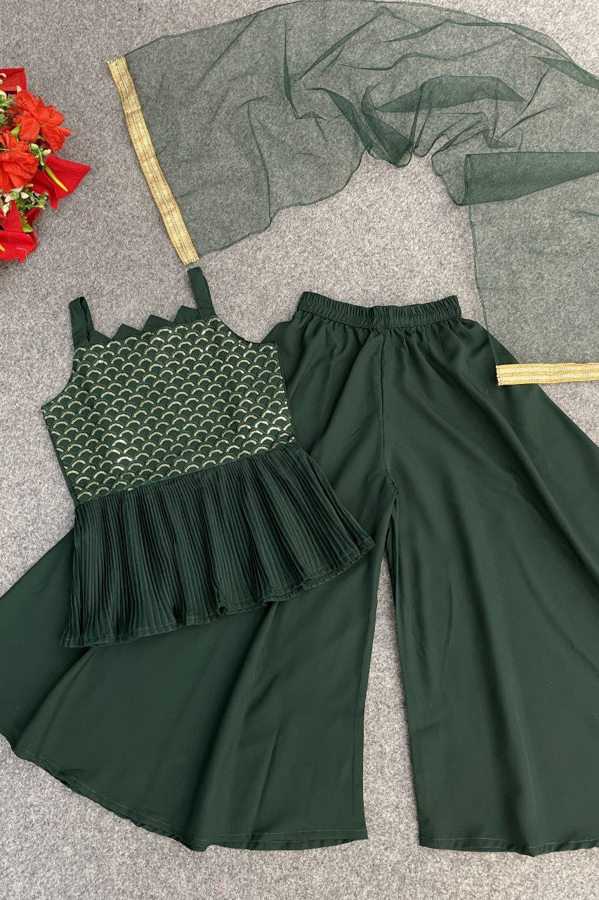 Green Crepe Kidswear Girl Kameez with Plazo Suit & Dupatta Dress for Kids for Wedding - Embroidery Work