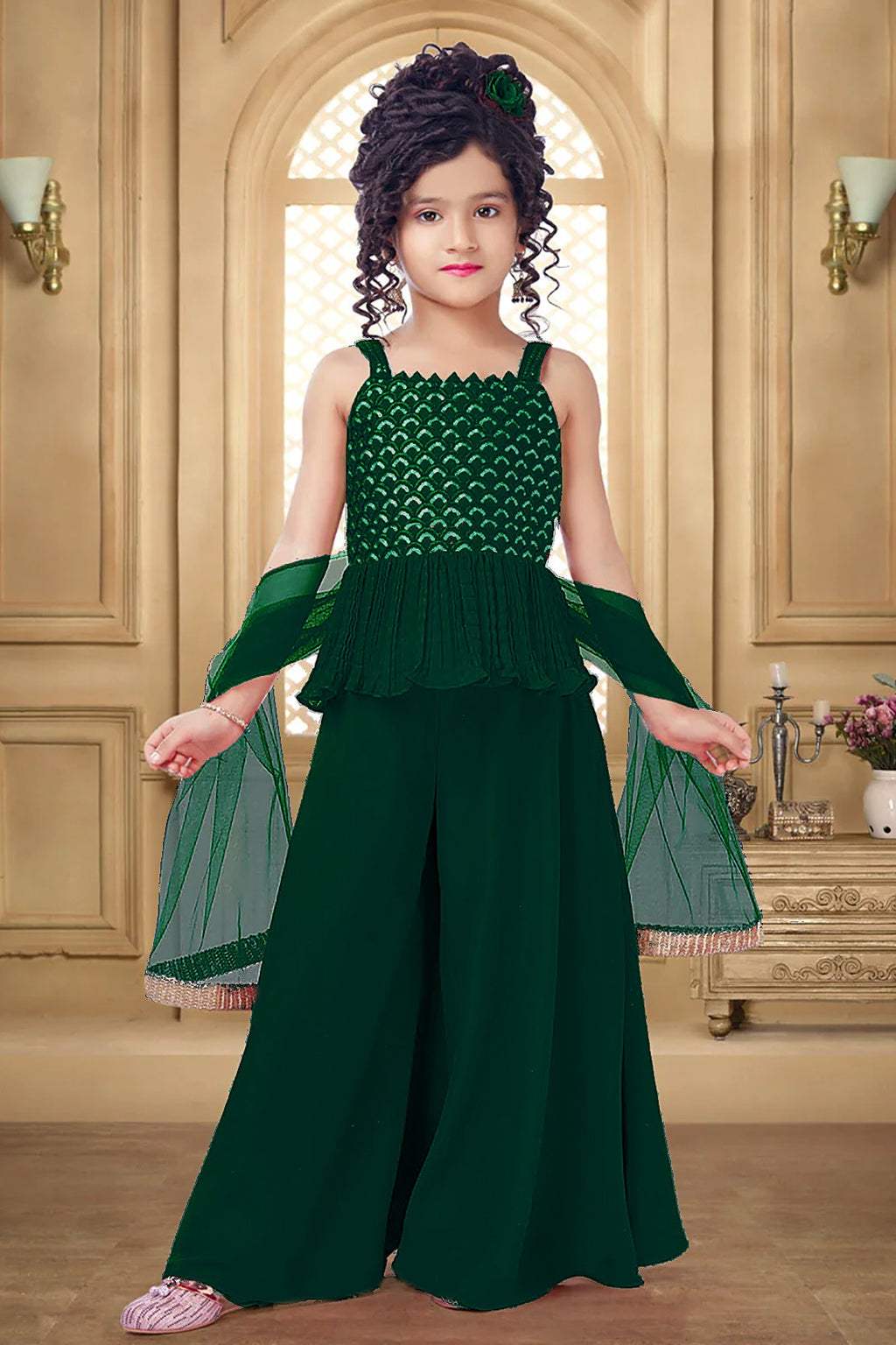 Green Crepe Kidswear Girl Kameez with Plazo Suit & Dupatta Dress for Kids for Wedding - Embroidery Work