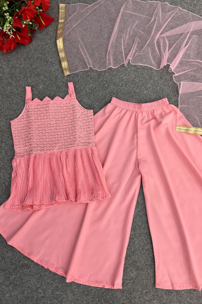 Light Pink Crepe Kidswear Girl Kameez with Plazo Suit & Dupatta Dress for Kids for Wedding - Embroidery Work