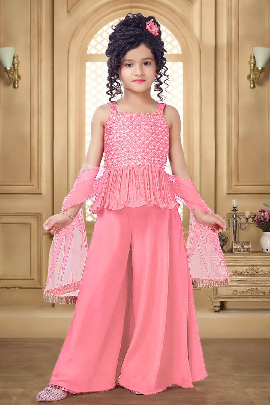 Light Pink Crepe Kidswear Girl Kameez with Plazo Suit & Dupatta Dress for Kids for Wedding - Embroidery Work