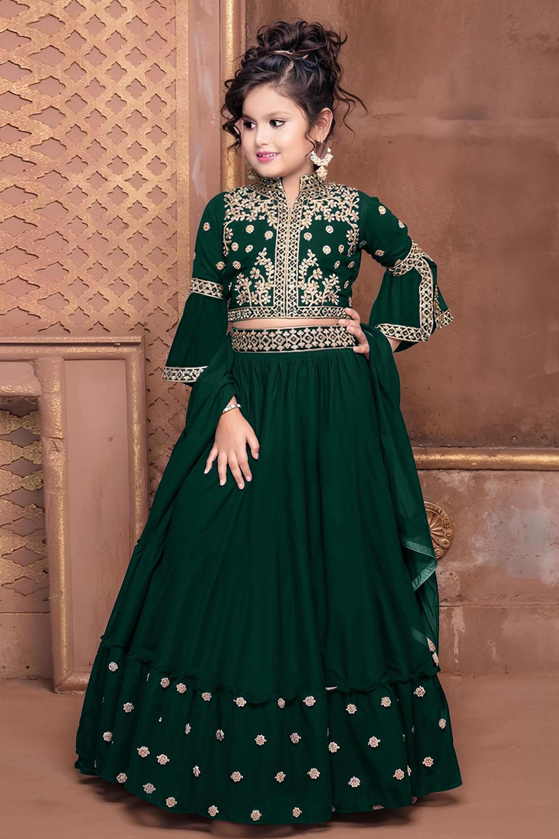 Shadi Dress Girls Lehenga Kids Green Full Sleeve Lehenga Choli