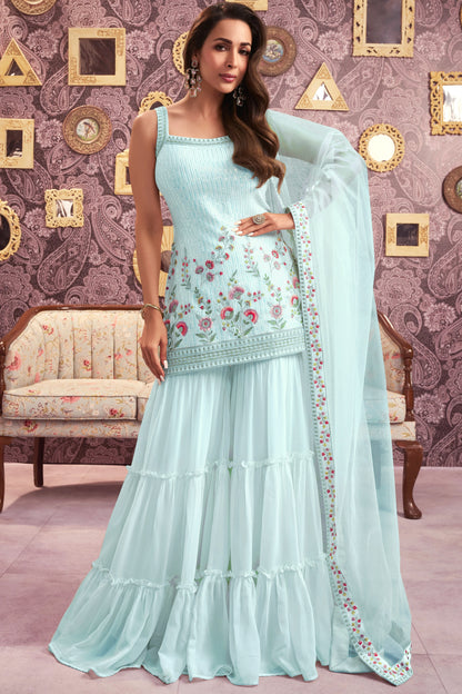 Cyan Georgette Kameez with Plazzo Suit For Indian Festivals & Pakistani Weddings - Sequence Embroidery Work