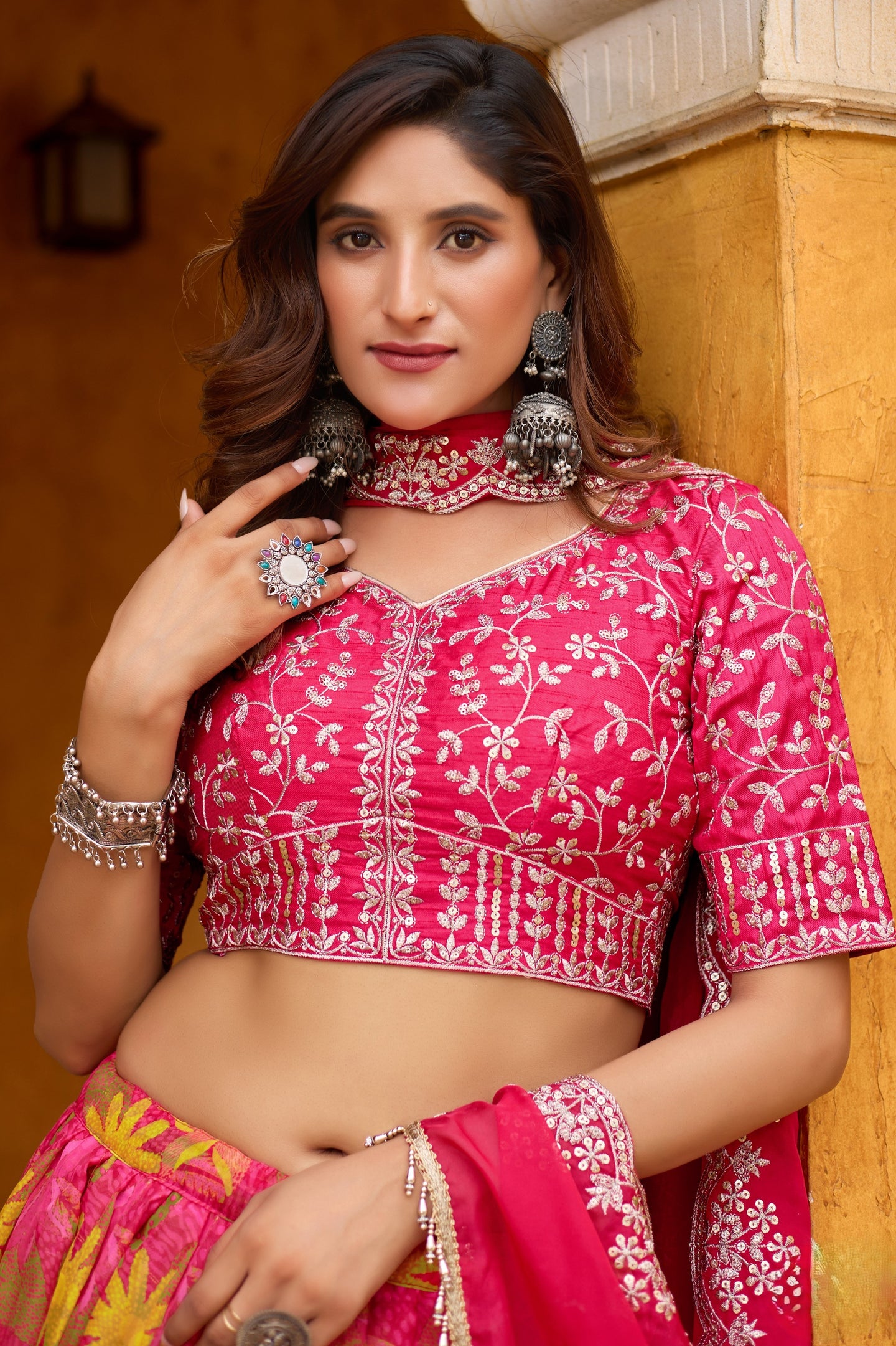 Pink Art Silk Floral Lehenga Choli For Indian & Pakistani Wedding Festival - Embroidery Work, Print Work