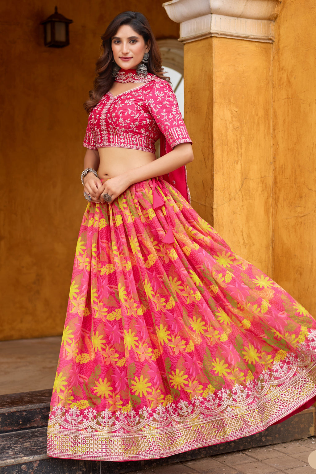 Pink Art Silk Floral Lehenga Choli For Indian & Pakistani Wedding Festival - Embroidery Work, Print Work